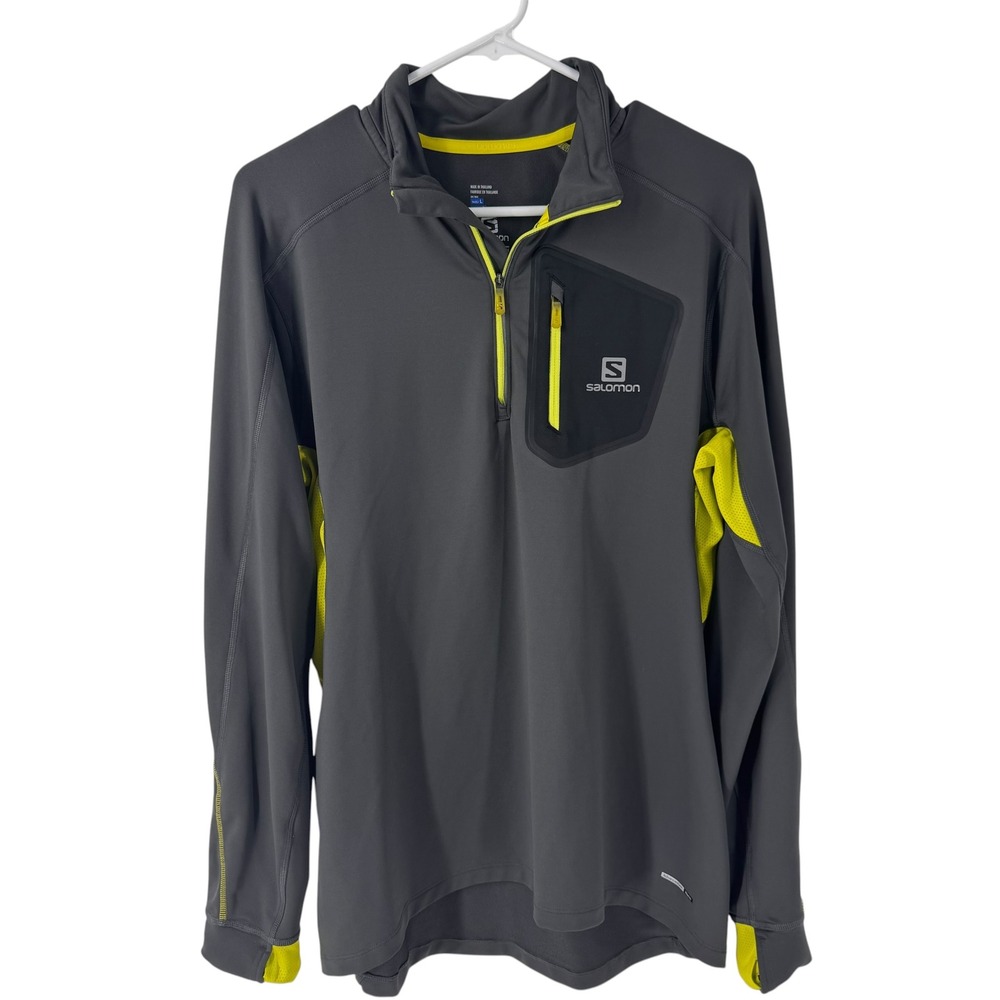 Salomon Mens Gray Neon Yellow Quarter Zip Performance Pullover Hiking Top Large - Picture 2 of 10